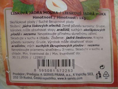 Vo výrobku prítomnosť arašidového alergénu, ktorý nie je uvedený v zložení výrobku. Lieskové jadrá múka