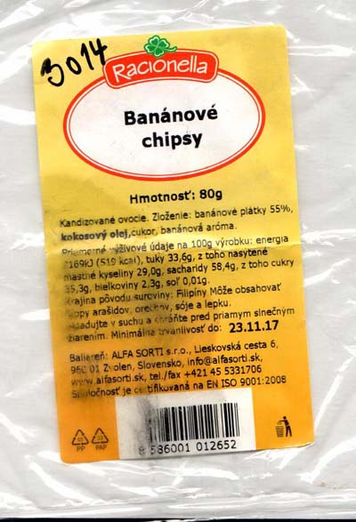 Racionella, banánové chipsy s nadlimitným množstvom benzo(a)pyrénu a sumy PAU4 Racionella