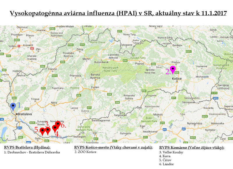 Vysokopatogénna aviárna influenza (HPAI)stav k 11.1.2017 HPAI