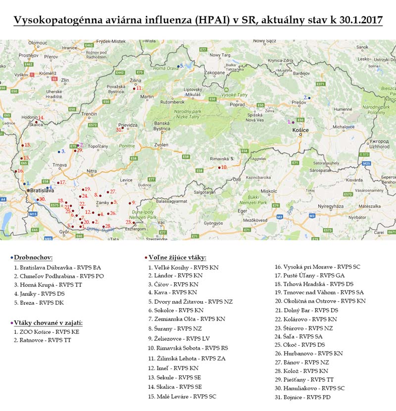 Aviárna influenza v SR, aktuálny stav k 30.1.2017
