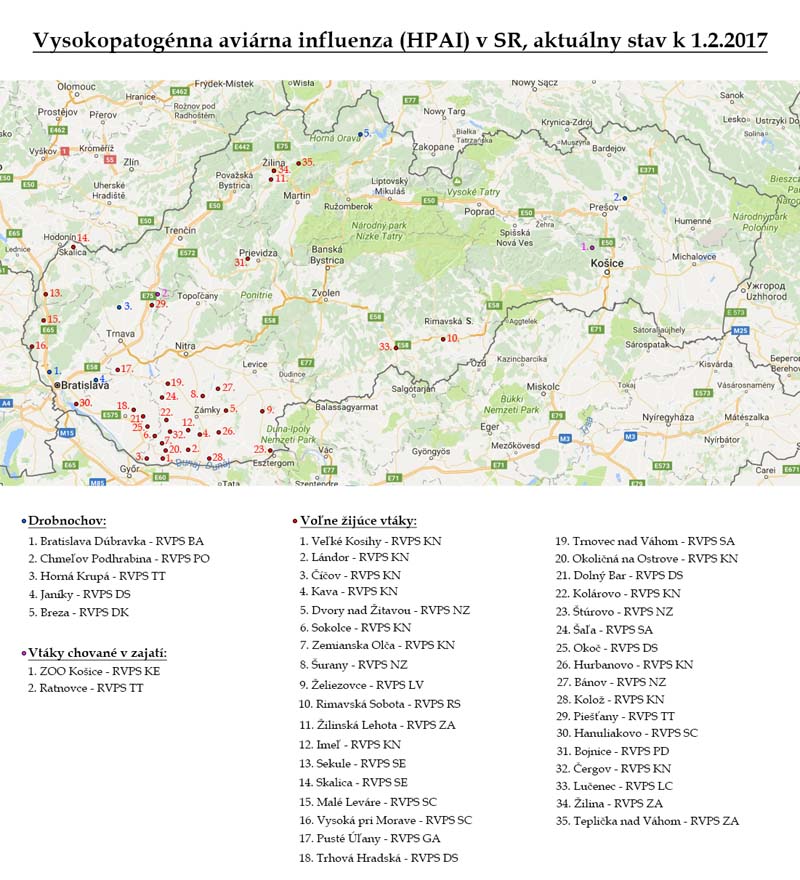 Aviárna influenza v SR, aktuálny stav k 30.1.2017
