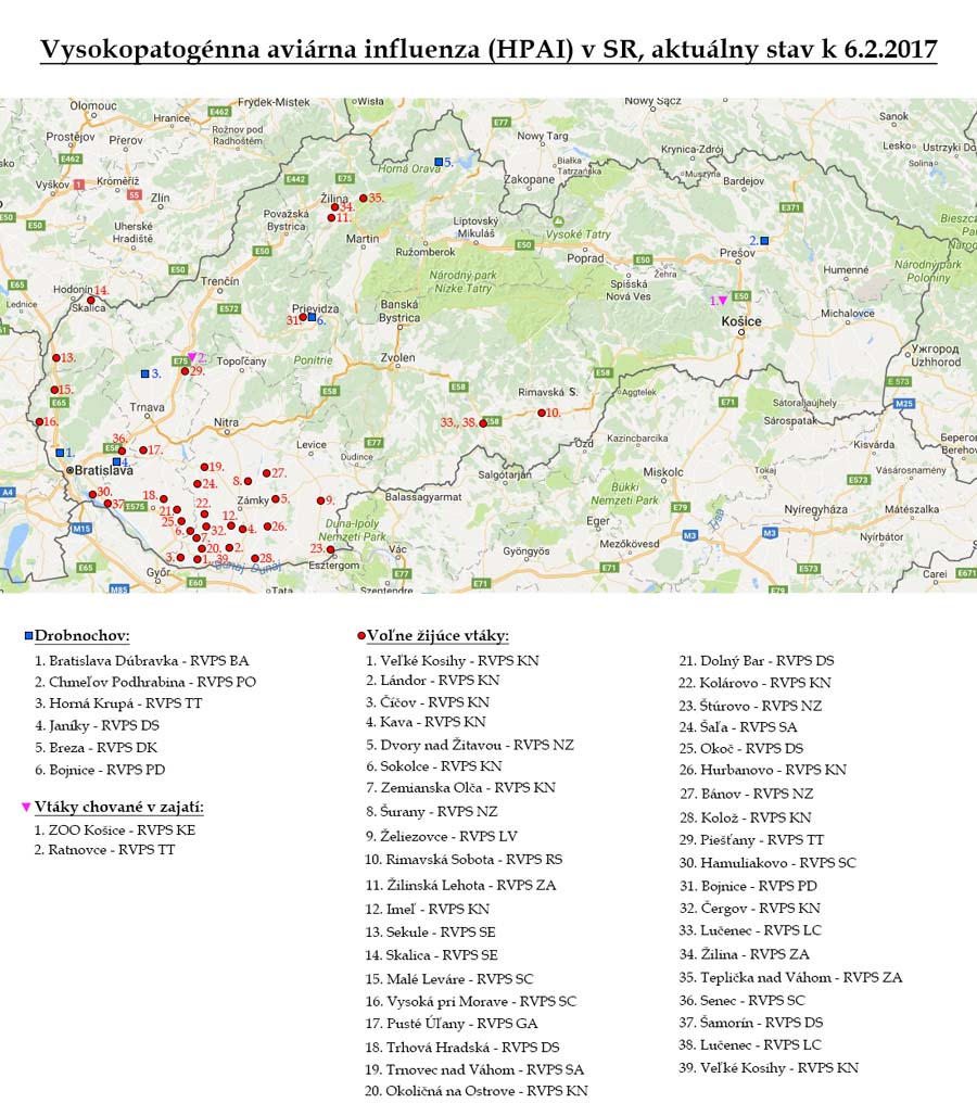 Aviárna influenza v SR, aktuálny stav k 6.2.2017