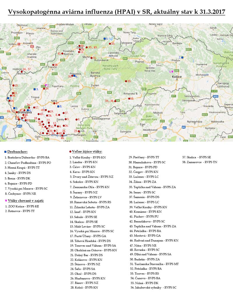 Aviárna influenza v SR, aktuálny stav k 31.3.2017